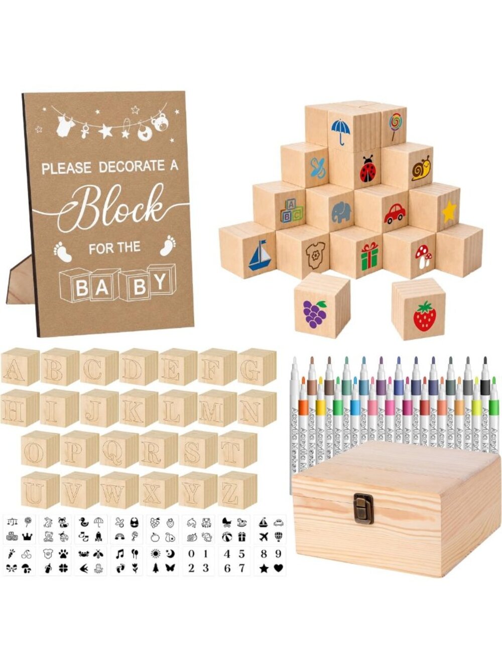 Baby Shower Game Set - 50 Wooden Blocks, 24 Markers, Storage Box & Stencils